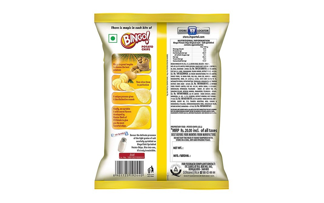 Bingo Potato Chips Salt Sprinkled   Pack  60 grams